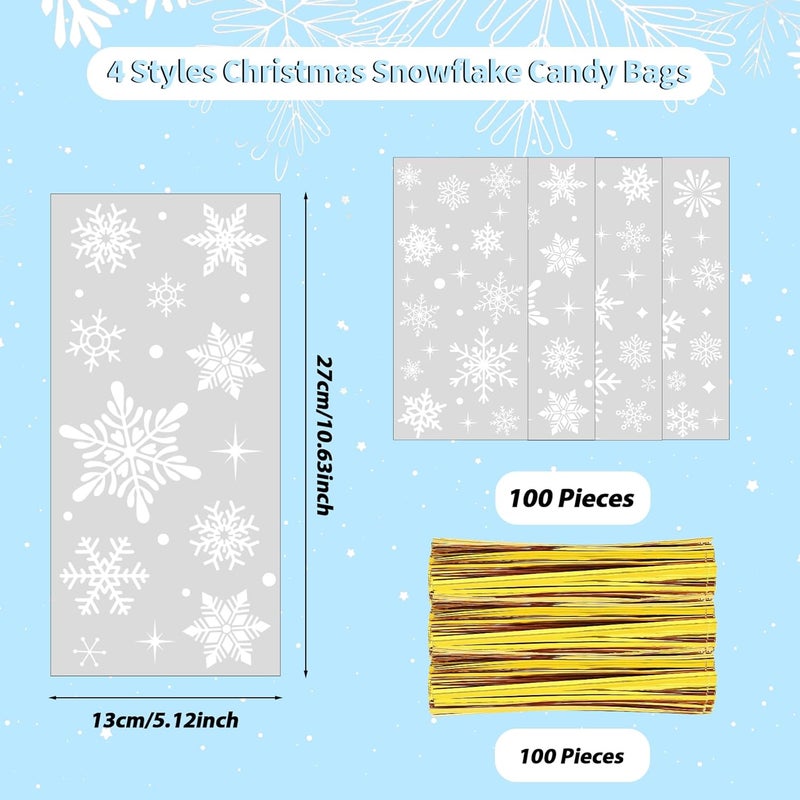 GOMANCHE 100 Pieces Christmas Snowflake Cellophane Bags, Xmas Snowflake Clear Candy Bags with Metallic Twist Ties for Winter Christmas Party Snowflakes Birthday Supplies - Image 2